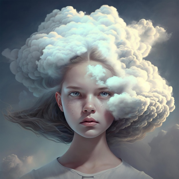 Uma garota mágica com uma nuvem na cabeça