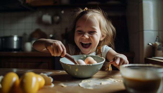 Uma garotinha está cozinhando ovos em uma tigela.