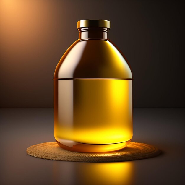 Uma garrafa de líquido está em um porta-copos com tampa dourada.