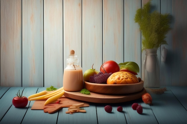 Foto grátis uma garrafa de óleo vegetal está sobre uma mesa de madeira ao lado de um pote de legumes.