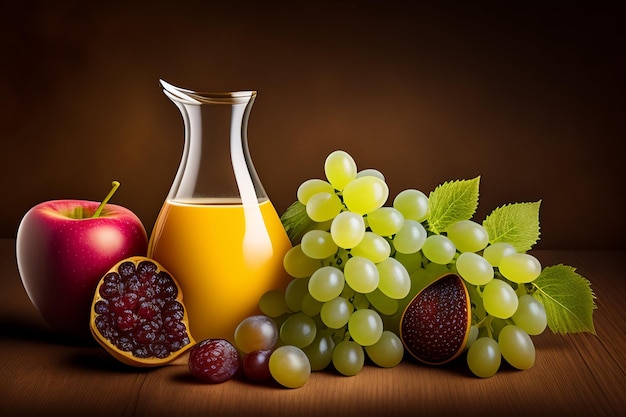 Foto grátis uma garrafa de suco de laranja ao lado de um cacho de uvas