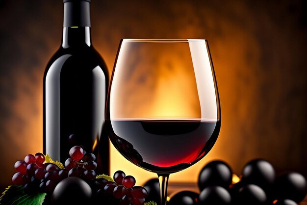 Uma garrafa de vinho tinto ao lado de um copo de vinho tinto.