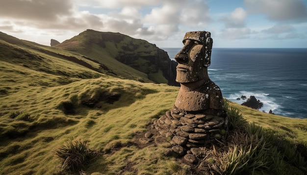 Foto grátis uma grande estátua de um moai fica em um penhasco com vista para o oceano.