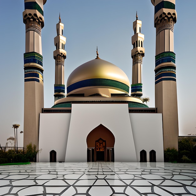 Uma grande mesquita branca e dourada com telhado dourado.