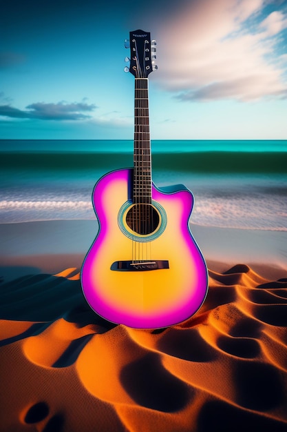Uma guitarra colorida na praia com o sol brilhando sobre ela.