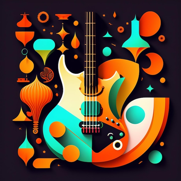 Uma guitarra com um fundo colorido e um padrão de círculos e uma guitarra.