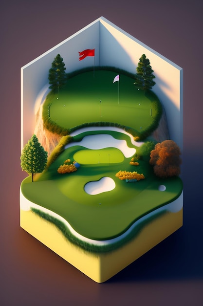 Foto grátis uma ilustração 3d de um campo de golfe com uma bandeira no topo.