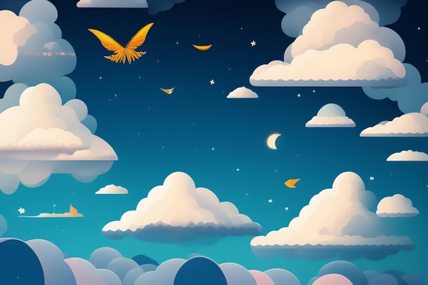 Uma ilustração dos desenhos animados de um pássaro voando no céu com nuvens e lua.