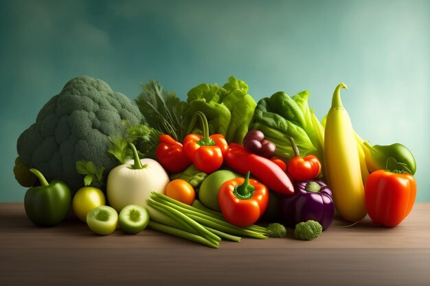 Uma imagem de legumes e frutas com um fundo azul.