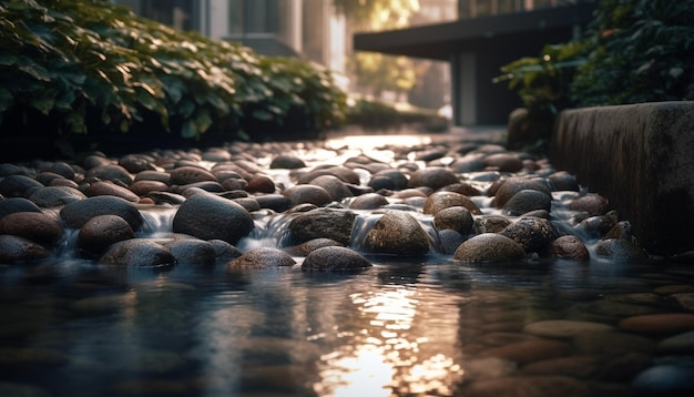 Foto grátis uma imagem de uma característica da água com rochas e um edifício ao fundo.