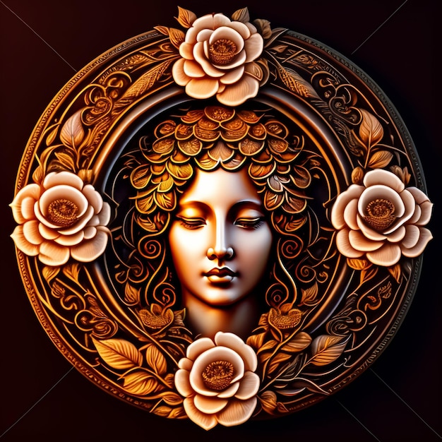 Uma imagem decorativa de uma mulher com um rosto em uma moldura de flores.