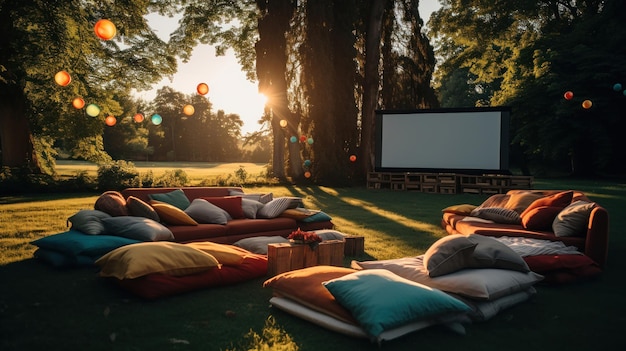 Foto grátis uma instalação de cinema ao ar livre com uma tela e sacos de feijão na grama