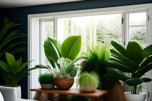 Uma janela com uma planta e uma planta sobre a mesa.