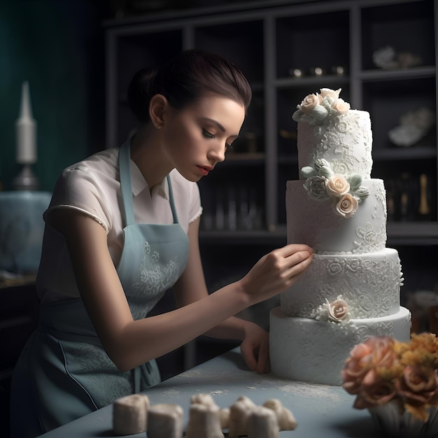 Foto grátis uma jovem bonita está a decorar um bolo de casamento com flores