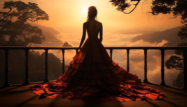 Foto grátis uma jovem com vestido de noiva fica ao ar livre ao pôr do sol gerado por inteligência artificial