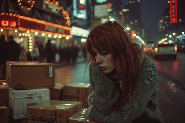 Uma jovem ruiva na rua.