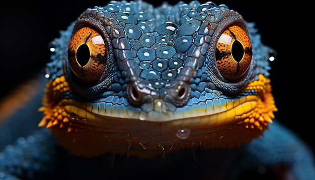 Uma lagartixa fofa dentro de casa olhando para a câmera com marcas laranja geradas por inteligência artificial