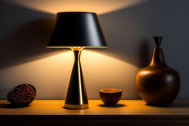 Uma lâmpada em uma mesa com um vaso e um vaso sobre ele
