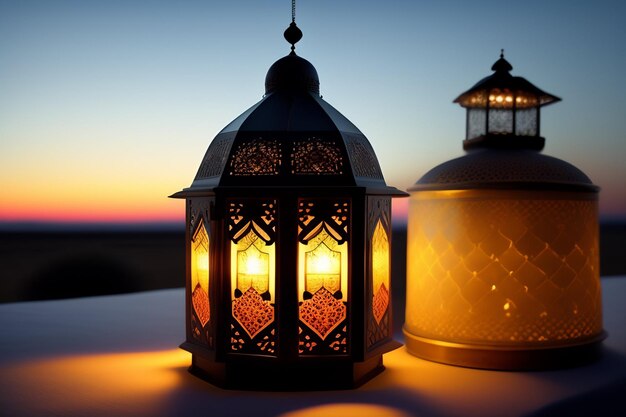 Uma lanterna e uma vela são acesas ao pôr do sol.