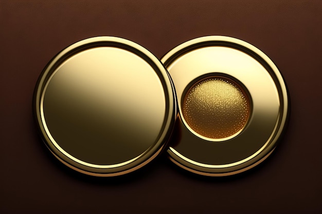 Uma lata de ouro com uma tampa de ouro fica em um fundo marrom.