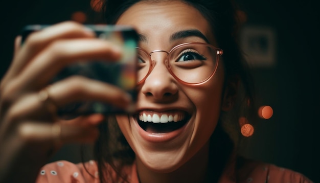 Foto grátis uma linda mulher sorrindo segurando o smartphone gerado pela ia