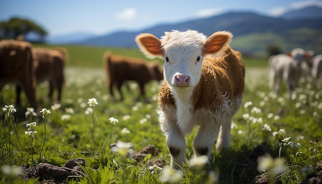 Foto grátis uma linda vaca a pastar num prado verde no verão gerada por inteligência artificial