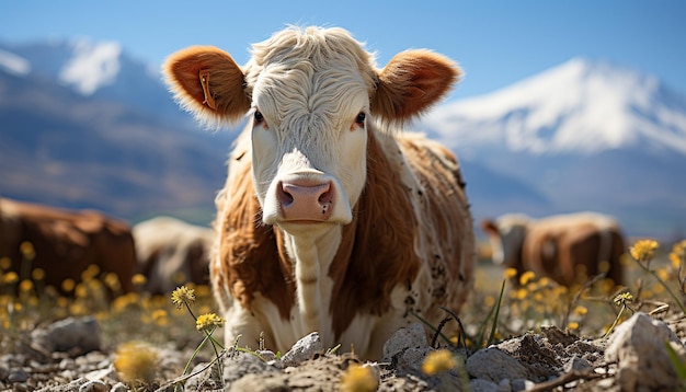 Foto grátis uma linda vaca a pastar num prado verde numa bela paisagem de montanha gerada por inteligência artificial