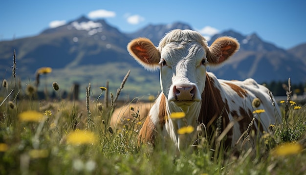 Uma linda vaca a pastar num prado verde sob um céu azul gerado por inteligência artificial