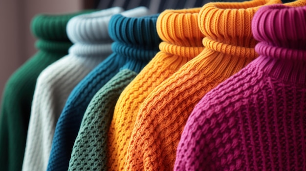 Uma linha de suéteres de pescoço alto em várias cores