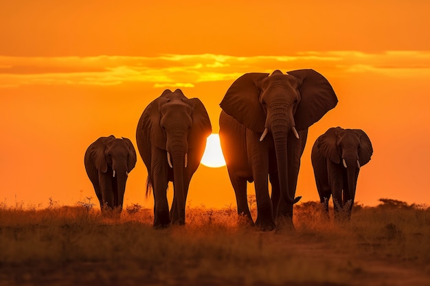 Uma manada de elefantes contra o pôr-do-sol