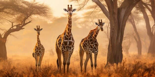 Uma manada de girafas viajando na savana