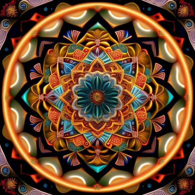 Uma mandala colorida com um desenho de flor no centro.
