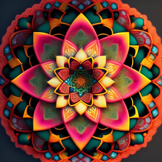 Uma mandala colorida com um desenho de flor.