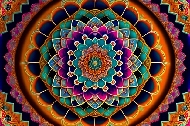 Uma mandala colorida com um grande desenho de flor na parte inferior.