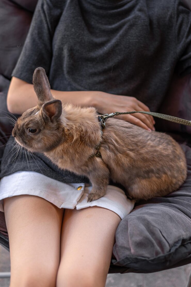 Foto grátis uma menina brinca com um coelho doméstico no conceito de animal de estimação da rua