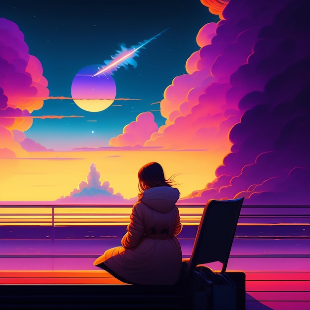 Foto grátis uma menina se senta em um banco olhando para uma lua e uma estrela é visível no céu.