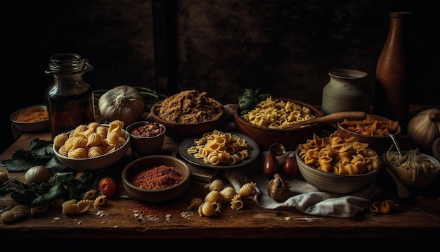 Foto grátis uma mesa cheia de comida, incluindo macarrão, abóbora e temperos.