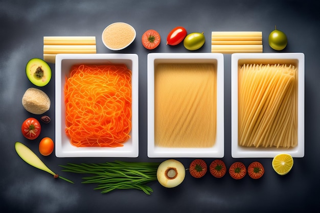 Foto grátis uma mesa com diferentes ingredientes, incluindo massas, tomates e queijos.