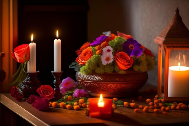 Uma mesa com um vaso de flores e velas