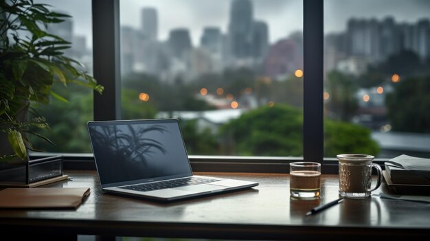 Uma mesa de escritório posicionada perto de uma grande janela com gotas de chuva e um céu nublado