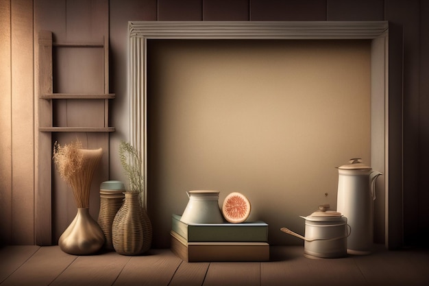 Foto grátis uma mesa de madeira com um porta-retratos e a foto de uma panela e um pote de comida.