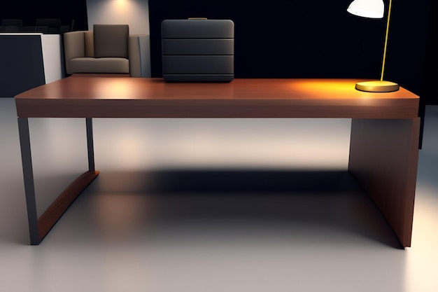 Uma mesa de madeira com uma lâmpada sobre ela