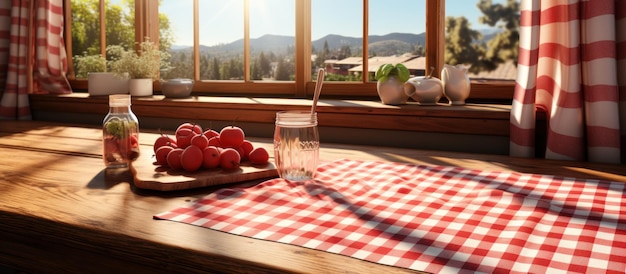 Uma mesa junto à janela coberta com uma toalha de mesa a quadros vermelha e branca