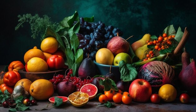 Uma mesa rústica de frutas orgânicas frescas geradas por IA