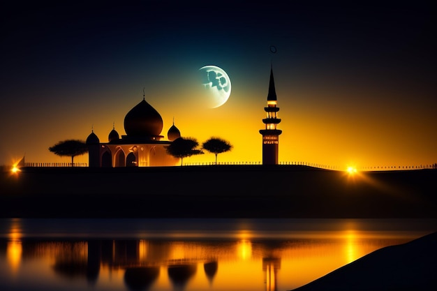 Uma mesquita com a lua no céu