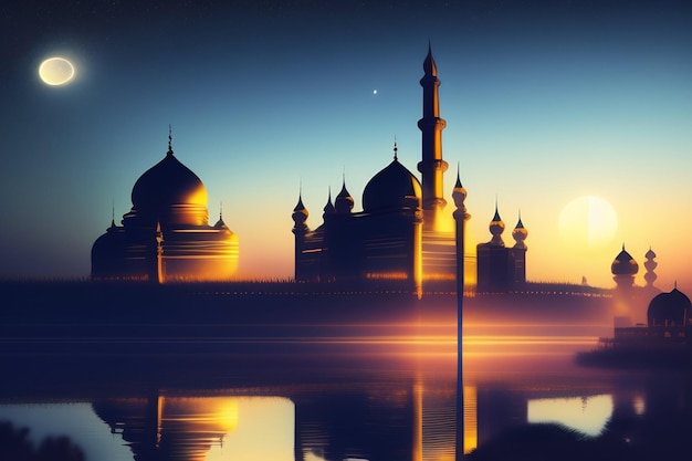 Uma mesquita com uma lua e o sol atrás dela