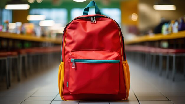 Uma mochila escolar colorida numa sala de aula
