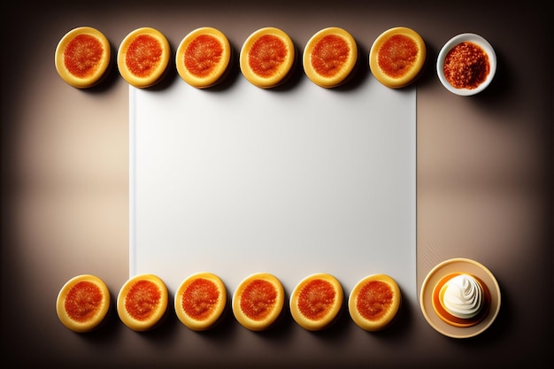 Foto grátis uma moldura com uma imagem de laranjas e uma tigela de molho.