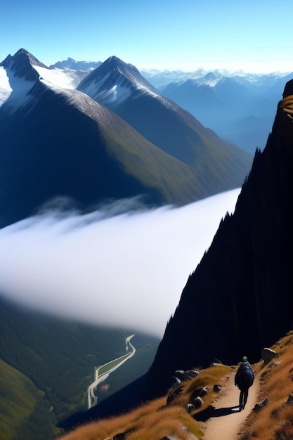 Foto grátis uma montanha com um céu azul e um homem parado na beira dela