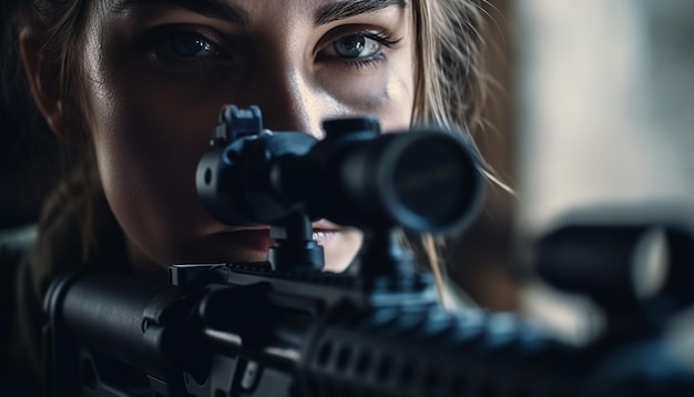 Foto grátis uma mulher apontando rifle com determinação ao ar livre gerada por ia